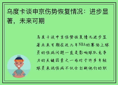 乌度卡谈申京伤势恢复情况：进步显著，未来可期